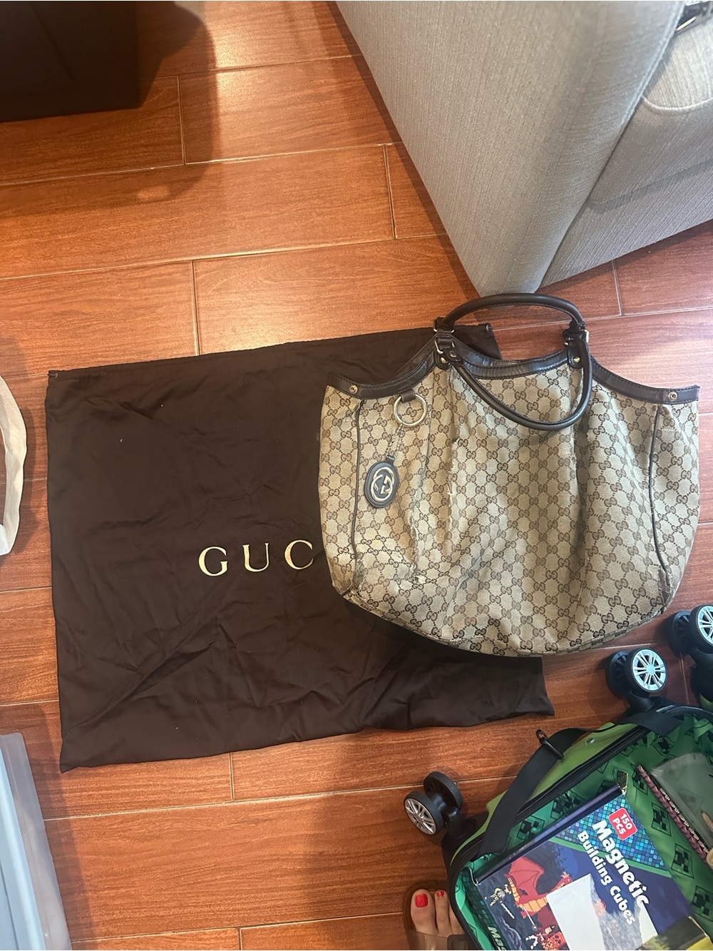 Vintage Authentic Gucci Beige GG Canvas Tote Brown Leather Trim & OG Dust bag
